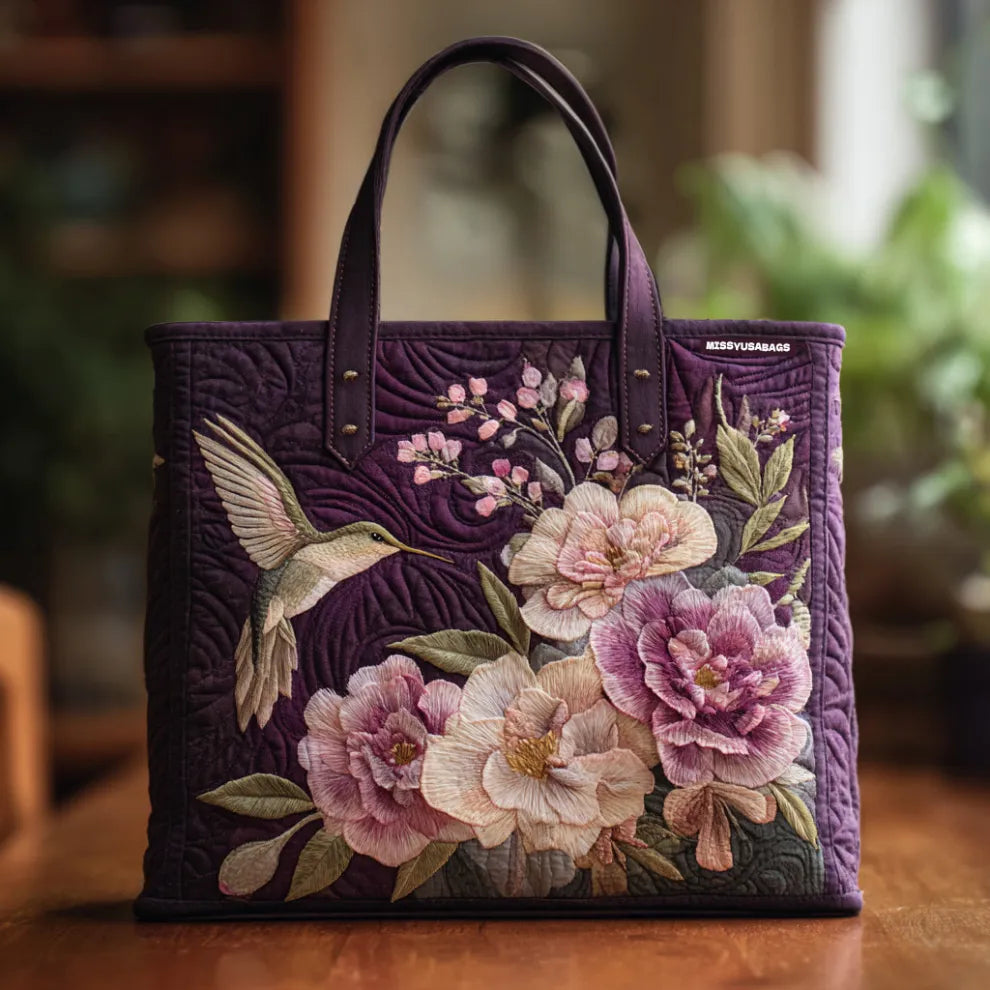 Twilight Hummingbird Blossom Quilted Tote 🌙🕊️🌸